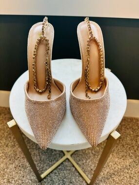 Rhinestone-Embellished Nude Pointed-Toe Slingback Heels